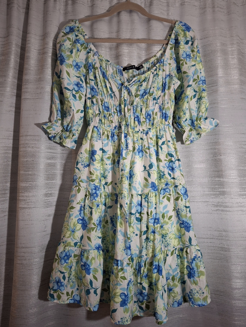 Mary & Mo Medium Blue & Green Floral Smocked Midi Babydoll Dress